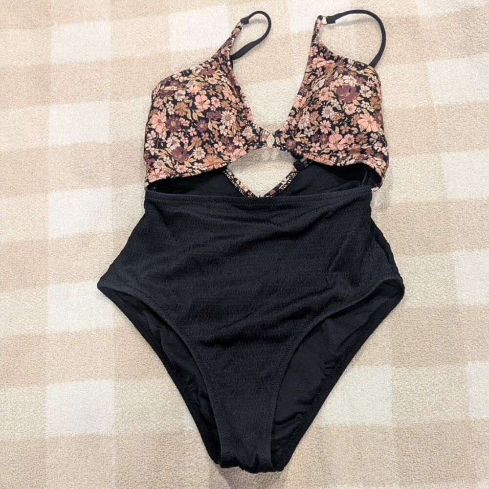 Rip Curl One Piece Swimsuit Floral Smocked Cutout Ring Black Pink Retro Sz xs